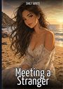 „Meeting a Stranger“ und „Emily White“ in Weiß. Illustration einer Frau am Strand bei Sonnenuntergang in fließendem Kleid.