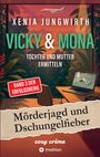 "Xenia Jungwirth: Vicky & Mona ermitteln. Band 3 der Erfolgsreihe. Mörderjagd und Dschungelfieber. Ein exotischer Dschungel, ein Laptop mit Bild eines Tatorts."