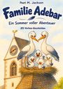 "Familie Adebar: Ein Sommer voller Abenteuer, 25 Vorlese-Geschichten." Illustration von Störchen auf einem Kirchturmdach.