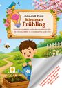 Titel: Mindmap Frühling. Kind gießt Pflanzen, Vogel singt. Blühende Bäume. Bunte, fröhliche Illustration.