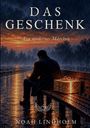 "Das Geschenk. Ein modernes Märchen." Ein Mann sitzt im Regen auf einer Bank neben einem leuchtenden Geschenk.