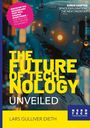 "THE FUTURE OF TECHNOLOGY UNVEILED" von Lars Gulliver Dieth. Robotergesicht mit leuchtenden Augen, futuristischer Hintergrund.
