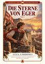 "Die Sterne von Eger, Teil I". Illustration mit jungen Männern auf einer Burgmauer während einer Schlacht im Sonnenuntergang.