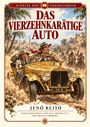 "Das vierzehnkarätige Auto" von Jenő Rejtő. Ein goldenes Auto fährt durch eine Wüste, zwei Männer und ein Hund darin.