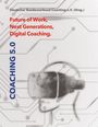 Text: „Future of Work, Next Generations, Digital Coaching.“ Illustration: Kopf mit VR-Brille, umgeben von Schaltkreisen.