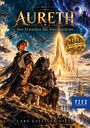 "Band 1 - Aureth: Das Erwachen der Sternentürme." Zwei Charaktere vor futuristischer Stadt mit Drachen am Himmel.