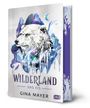 "Wilderland: Das Eis" von Gina Mayer. Ein Eisbär vor eisigen Bergen, mit einem Halbmond darüber.