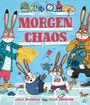 „FAMILIE MÜMMELS MORGEN CHAOS“ in roter Schrift. Hasenfamilie in morgendlicher Eile, umgeben von Spielsachen.