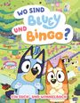 „WO SIND BLUEY UND BINGO?“ Ein Wimmelbuch. Illustration von blauen und orangen Hundewelpen in einem bunten Park.