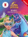 Text: "Unicorn Academy", "Isabel und der Feenmond", "Eine Netflix Serie". Mädchen und Pferd mit Masken, Schloss im Hintergrund.