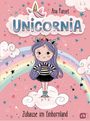 "Unicornia" steht in großen, bunten Buchstaben. Darunter ein Mädchen mit langen lila Haaren auf einer Wolke.
