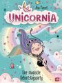 "Unicornia", "Eine magische Geburtstagsparty". Illustration: Mädchen rutscht fröhlich einen Regenbogen hinunter.