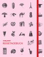 "lonely planet REISETAGEBUCH" in Rot. Symbole wie Erde, Eiffelturm, Kamel, Koala, Vespa, Architekturen und Kulturgüter. Rosa Hintergrund.