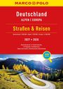 „Deutschland Alpen Europa, Straßen & Reisen 2027-2028.“ Landschaft mit Straße und Bäumen im Hintergrund.