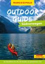 Text: "Outdoor Guide Südnorwegen, Unterwegs mit Insider-Tipps." Zwei Menschen paddeln in einem roten Kajak auf einem Fjord.