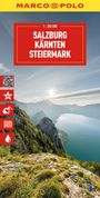 "Salzburg Kärnten Steiermark", ein rot-gelbes Design, Berglandschaft mit einem See darunter und einige Piktogramme links.
