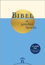 „Bibel in gerechter Sprache“, „20 Jahre BigS: innovativ, kontrovers, wegweisend“. Beige Blase, blauer Hintergrund.