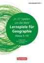 „In 37 Spielen um die Welt“ Lernspiele für Geographie, Klasse 5-10. Autor: Caroline Heber, Kerstin Herrmann-Nitz, Jean Steiner. Above is a green spiral.