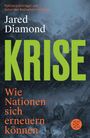 "Pulitzerpreisträger und Autor des Bestsellers 'Kollaps'. Jared Diamond. KRISE. Wie Nationen sich erneuern können." 

Hinter einem blauen Hintergrund mit Gebäuderuinen.