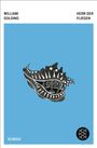 Text: William Golding, Herr der Fliegen, Roman. Illustration: Schwarz-weiße Maske auf blauem Hintergrund.