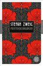 "STEFAN ZWEIG MEISTERERZÄHLUNGEN" steht in fettgedruckten Buchstaben auf einem stilvollen floralem Hintergrund in Rot und Schwarz.
