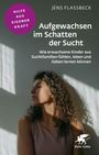 „Hilfe aus eigener Kraft“ in lila Kreis. Titel: „Aufgewachsen im Schatten der Sucht“. Frau schaut nachdenklich seitlich.