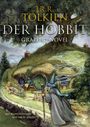 "J.R.R. Tolkien, Der Hobbit, Graphic Novel. Mit Illustrationen von David Wenzel." Ein Zauberer nähert sich einem Hobbit-Haus.