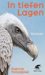 "In tiefen Lagen", "Roman". Abbildung eines detailreichen Greifvogels auf blauem Hintergrund. Darunter "Patrick Holzapfel".