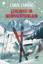 "Carol Carnac: Geheimnis im Weihnachtsurlaub. Kriminalroman. Winterliche Berglandschaft mit blutbedeckten Skiern."