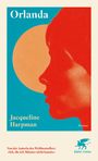 „Orlanda“, Jacqueline Harpman, Roman. Ein orangefarbener Kopf im Profil vor blauer und oranger Hintergrundfarbe.