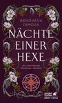 Text: "Genoveva Dimova Nächte Einer Hexe" und "Ein mitreißender Abschluss. Booklist". Illustration: Blumenranken und ein rotes Symbol.