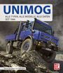 UNIMOG Buchcover: Blauer UNIMOG auf steinigem Untergrund. Texte: "UNIMOG", "Alle Typen, alle Modelle, alle Daten seit 1946".