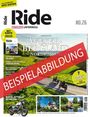 Text: "Weserbergland Nordhessen" und "BEISPIELABBILDUNG". 
Illustration: Motorradfahrer auf Landstraße, grüne Landschaft, Fachwerkhaus.