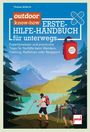 Text: "ERSTE-HILFE-HANDBUCH für unterwegs. Expertenwissen und praxisnahe Tipps für Notfälle beim Wandern, Trekking, Radfahren oder Bergsport." Illustration: Zwei Wanderer in einer Berglandschaft.
