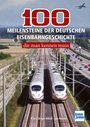 „100 Meilensteine der deutschen Eisenbahngeschichte, die man kennen muss“. Zwei moderne Züge auf parallelen Gleisen.