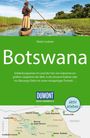 "Entdeckungsreisen im Land der San..."; Oben: person steuert ein Kanu durch Schilf; Unten: Landkarte von Botswana.