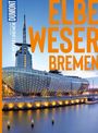 Texte: "ELBE WESER BREMEN", "DuMont", "Bildatlas 096". Ein modernes, beleuchtetes Gebäude am Wasser bei Dämmerung.