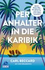 "Per Anhalter in die Karibik" von Carl Beccard. Illustration zeigt Palmen, Wasser, Sonne und ein Segelschiff.