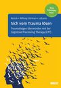 „Sich vom Trauma lösen“ steht auf blauem Hintergrund. Silhouette und Vögel heben sich auf gelbem Grund ab.