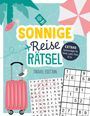 "Sonnige Reise Rätsel. Extras: Spielvorlagen für Stadt, Land, Fluss & Co." Sonnenliege, Koffer, Möwe, Palmen und ein Rätsel.