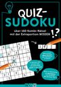 „Quiz-Sudoku, über 160 Kombi-Rätsel mit der Extraportion Wissen.“ Sudoku-Gitter, Sprechblasen mit Quizfragen, Stift.