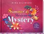 Text: "Summer of Mexican Mystery. Eine Romance zum Miträtseln." Bunte Blumen auf rotem Hintergrund.