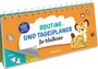 "Routine- und Tagesplaner für Schulkinder" auf orangefarbenem Hintergrund, ein gezeichneter Leopard und Illustrationen.