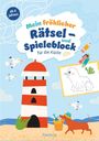 „Mein fröhlicher Rätsel- und Spieleblock für die Küste“, ab 6 Jahren. Ein Leuchtturm, Vögel und ein Hund am Strand.