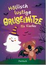 „Höllisch lustige Gruselwitze für Kinder“. Illustration: Fröhliches Gespenst und Koala mit Fledermausflügeln vor lila Hintergrund.
