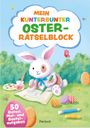 "Mein kunterbunter Oster-Rätselblock" steht in einer Wolke. Ein Hase malt draußen bunte Ostereier.