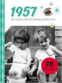 "1957 - Ein ganz besonderer Jahrgang. 70. Geburtstag." Zwei Kinder planschen in Wassereimern. Retro-Stil.