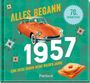 "Alles begann 1957", "Eine Reise durch deine wilden Jahre", "70. Geburtstag". Orange Auto und belegtes Brot auf grünem Muster.
