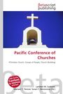 "Pacific Conference of Churches" steht in roter Schrift. Darüber ist ein Kirchturm mit Kreuz vor blauem Himmel zu sehen.
