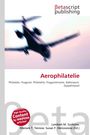 „Aerophilatelie“ in rotem Text mit verschwommenem Flugzeug im Hintergrund.